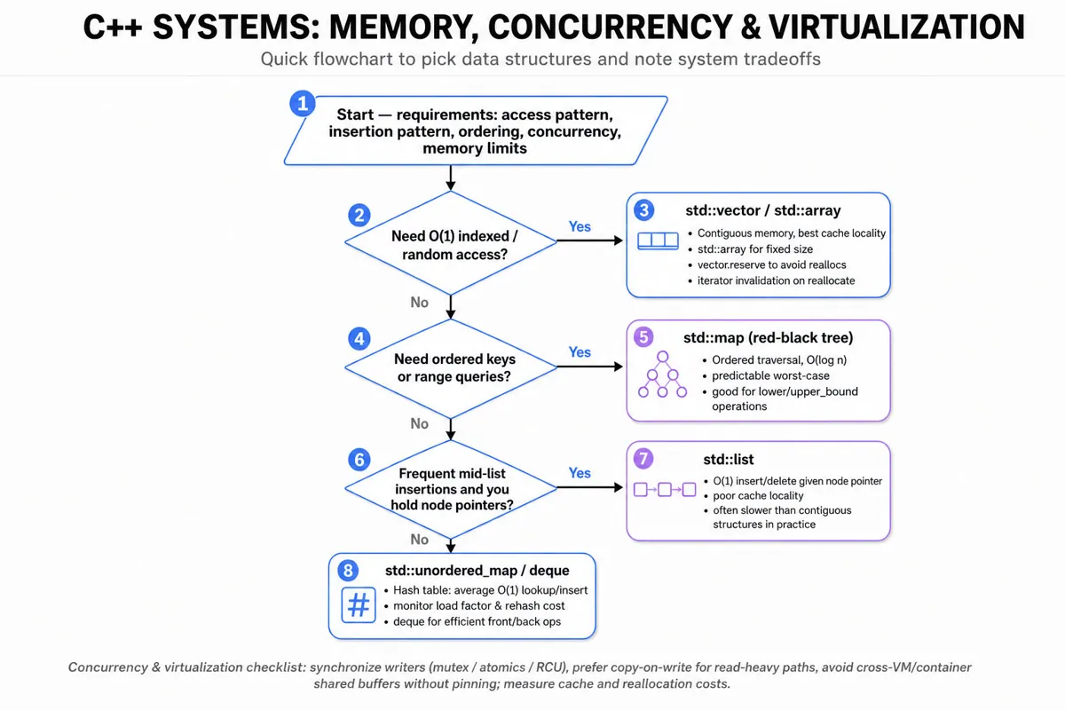 Top-to-bottom flowchart guiding C++ data-structure choice with decisions: random access → vector/array; ordered keys → map; frequent mid-insert → list; else unordered_map/deque. Footer notes concurrency and virtualization checklist.