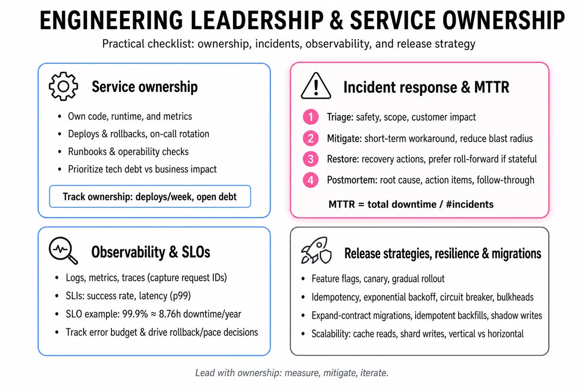 2x2 infographic matrix titled 'Engineering leadership & service ownership' with four quadrants: Service ownership, Incident response (highlighted), Observability & SLOs, Release & resilience. Top title and bottom takeaway strip.