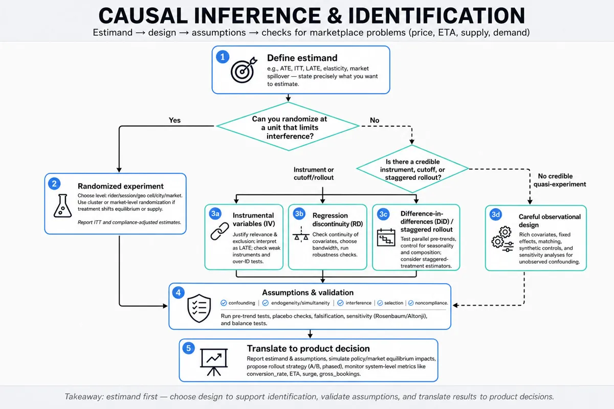 Top-to-bottom decision flowchart for causal inference in marketplaces: define estimand, can you randomize?, randomized experiment path, observational methods (IV, RD, DiD, matching), assumption checks, robustness, translate to product decision.