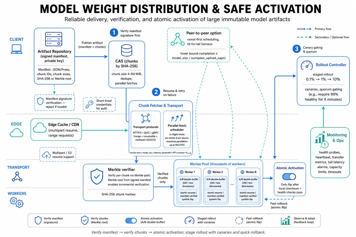 Architecture infographic: artifact repository and signed manifest -> CAS chunk store and Merkle verification -> parallel transports -> worker pool with A/B double-buffer atomic flip; rollout canaries and monitoring