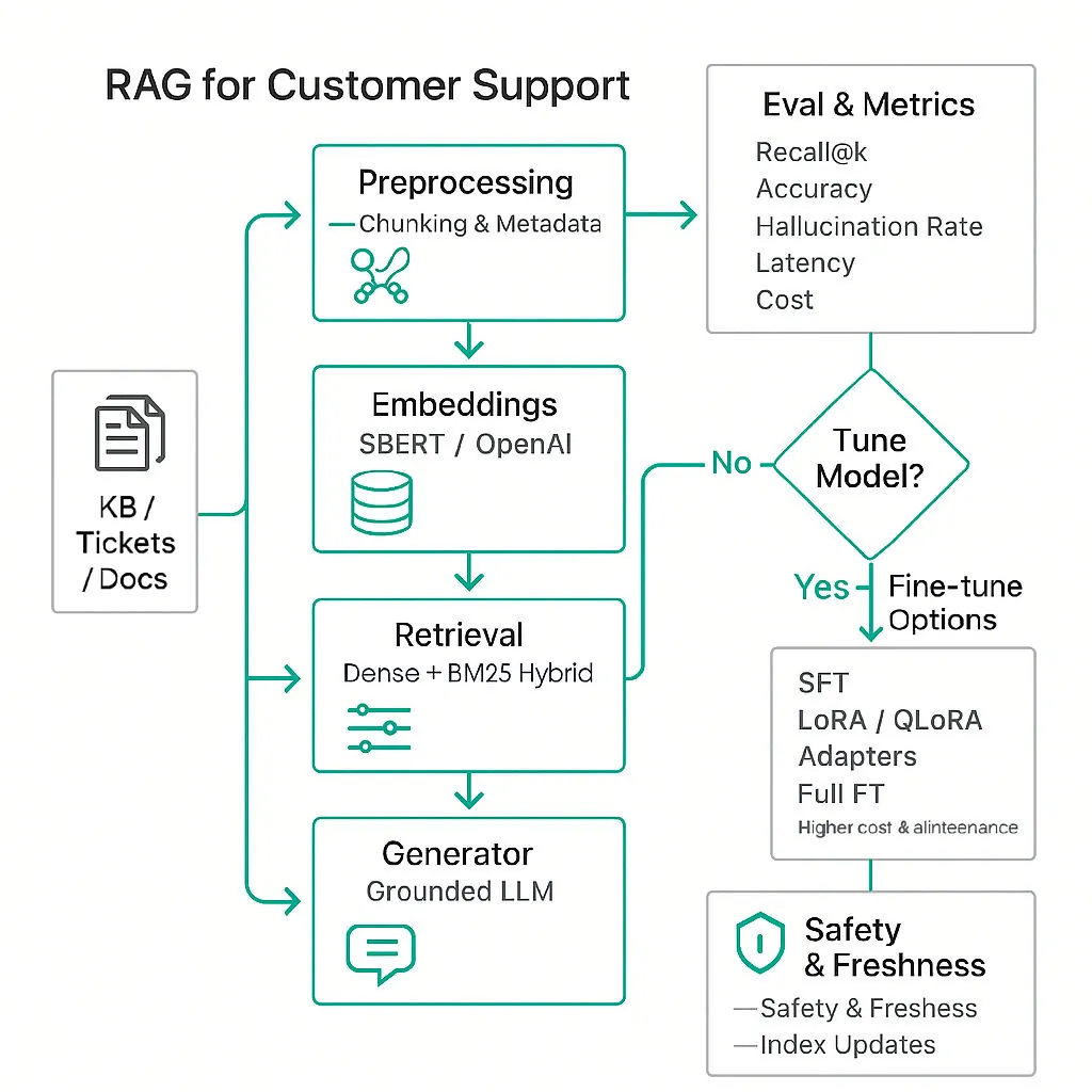 Clean flow diagram of a RAG pipeline: knowledge sources → preprocessing → embeddings & index → retrieval → reranker → grounded LLM → user, with eval, monitoring, and fine-tuning decision feedback loops.