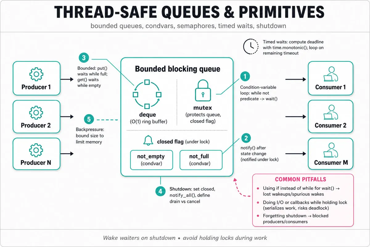 Editorial architecture diagram: producers -> bounded blocking queue (deque, mutex, condition vars, closed flag) -> consumers, with callouts for condition-variable loop, timed waits, shutdown, and common pitfalls.