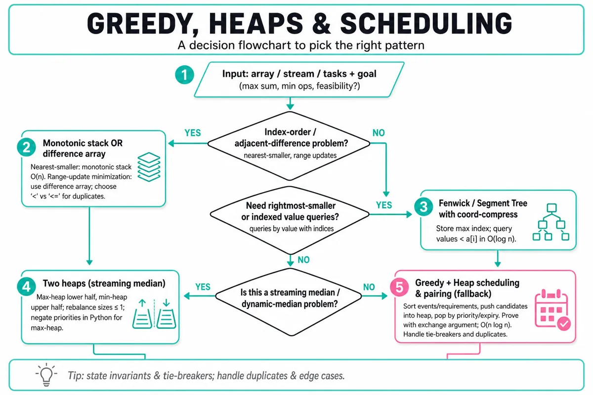 Top-to-bottom decision flowchart to choose between monotonic stack, Fenwick/segment tree, two-heaps, or greedy+heap scheduling for array/stream/scheduling problems.