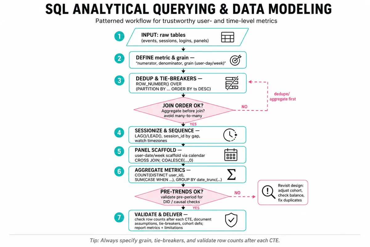 Top-to-bottom flowchart showing steps for analytical SQL: define metric & grain, deduplicate, decision on join order, sessionize with window functions, panel scaffold, aggregate metrics, causal prep and validation, with yes/no branches and final deliverable.
