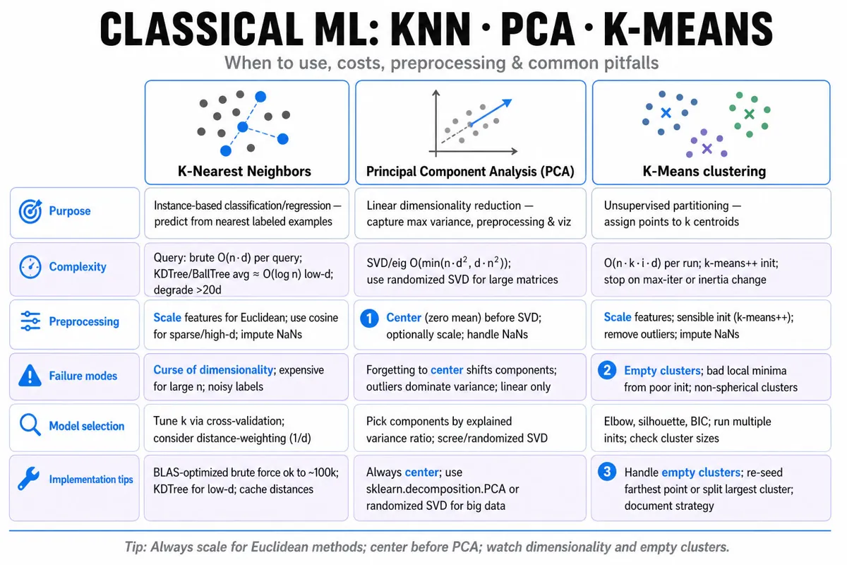 Three-column comparison table contrasting K-Nearest Neighbors, PCA, and K-Means with rows for purpose, complexity, preprocessing, failure modes, model selection, and implementation tips.