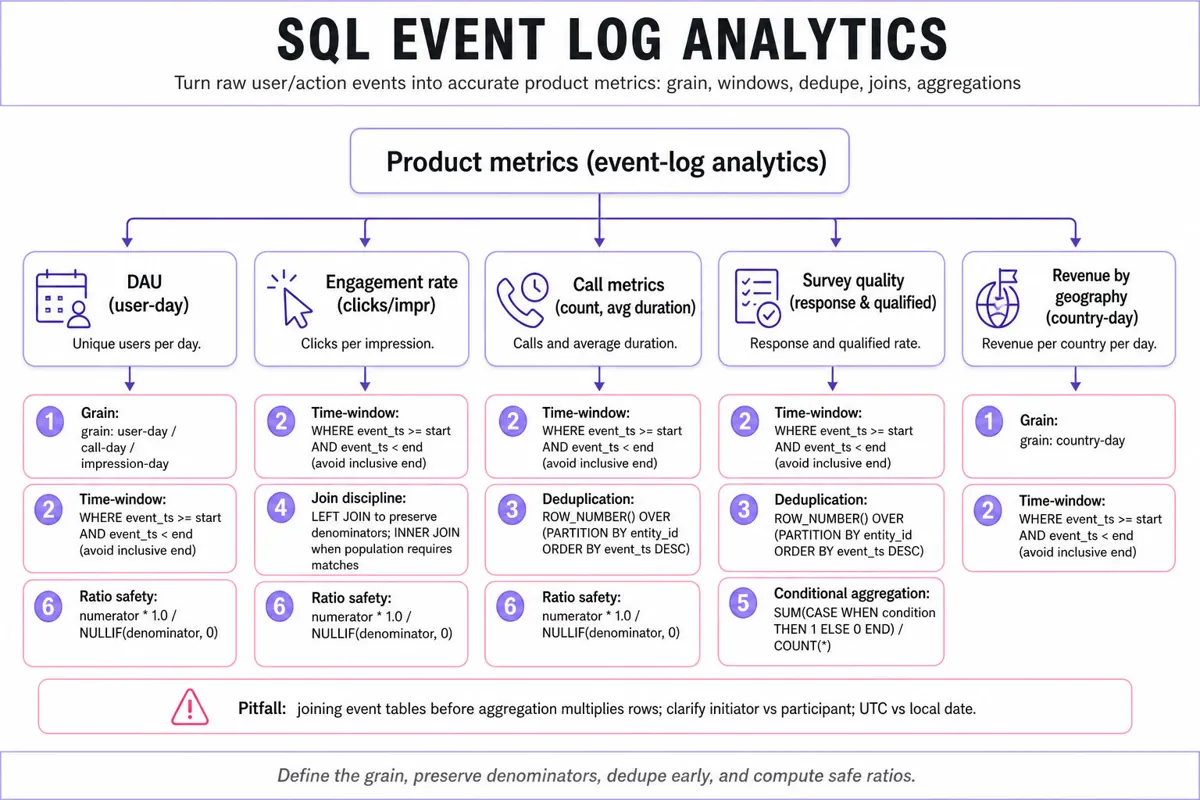 Top-down tree infographic titled 'SQL Event Log Analytics' showing Product metrics at top branching to DAU, Engagement rate, Call metrics, Survey quality, and Revenue by geography, with driver nodes (grain, time-window, dedupe, joins, conditional aggs, ratio safety, pitfalls).