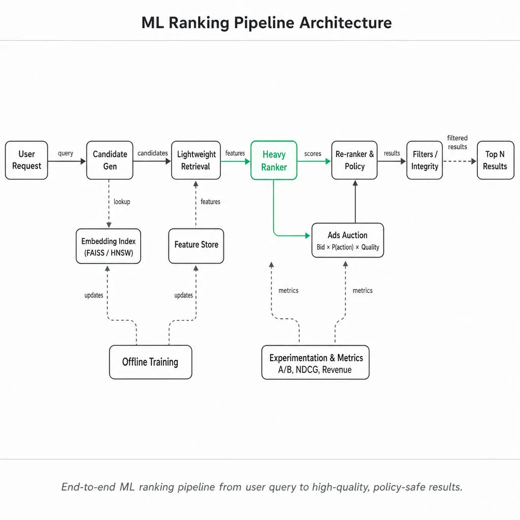 Square diagram of a horizontal multi-stage recommender and ads pipeline showing candidate generation, ANN index, lightweight retrieval, heavy ranker (highlighted emerald), re-ranker/policy, ads auction, filters, and top-N output.
