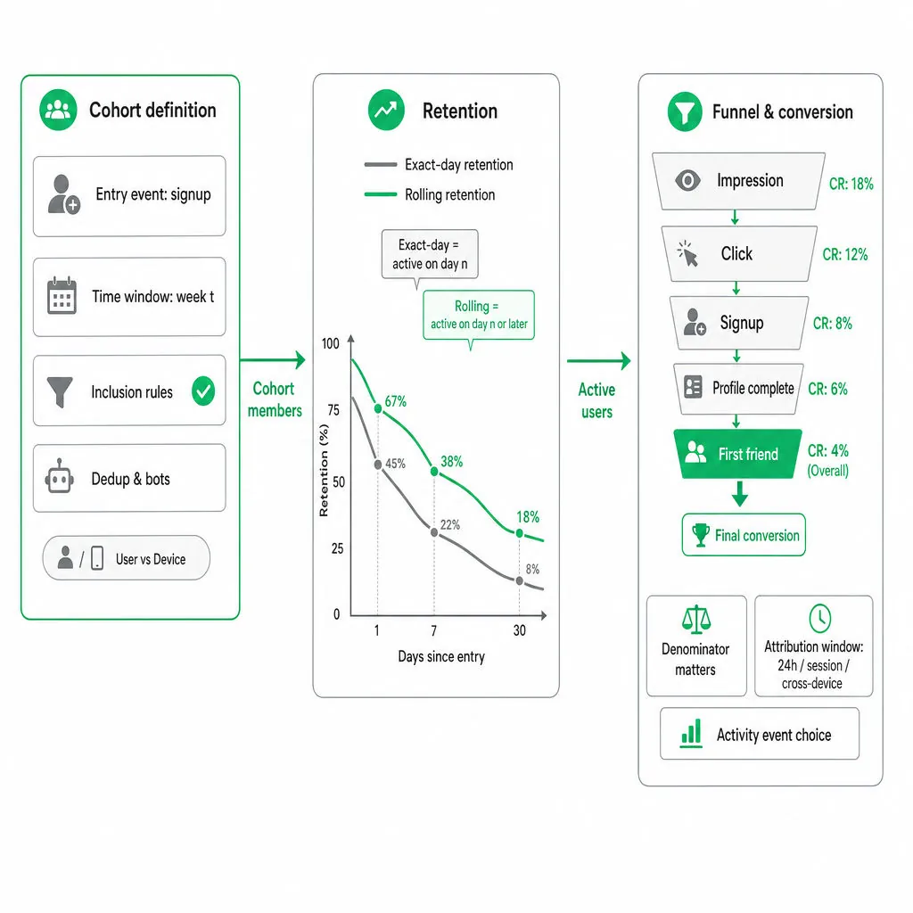 Three-panel diagram: left cohort definition boxes, center retention line chart comparing exact-day and rolling retention, right funnel steps with conversion rates and denominator/attribution callouts.