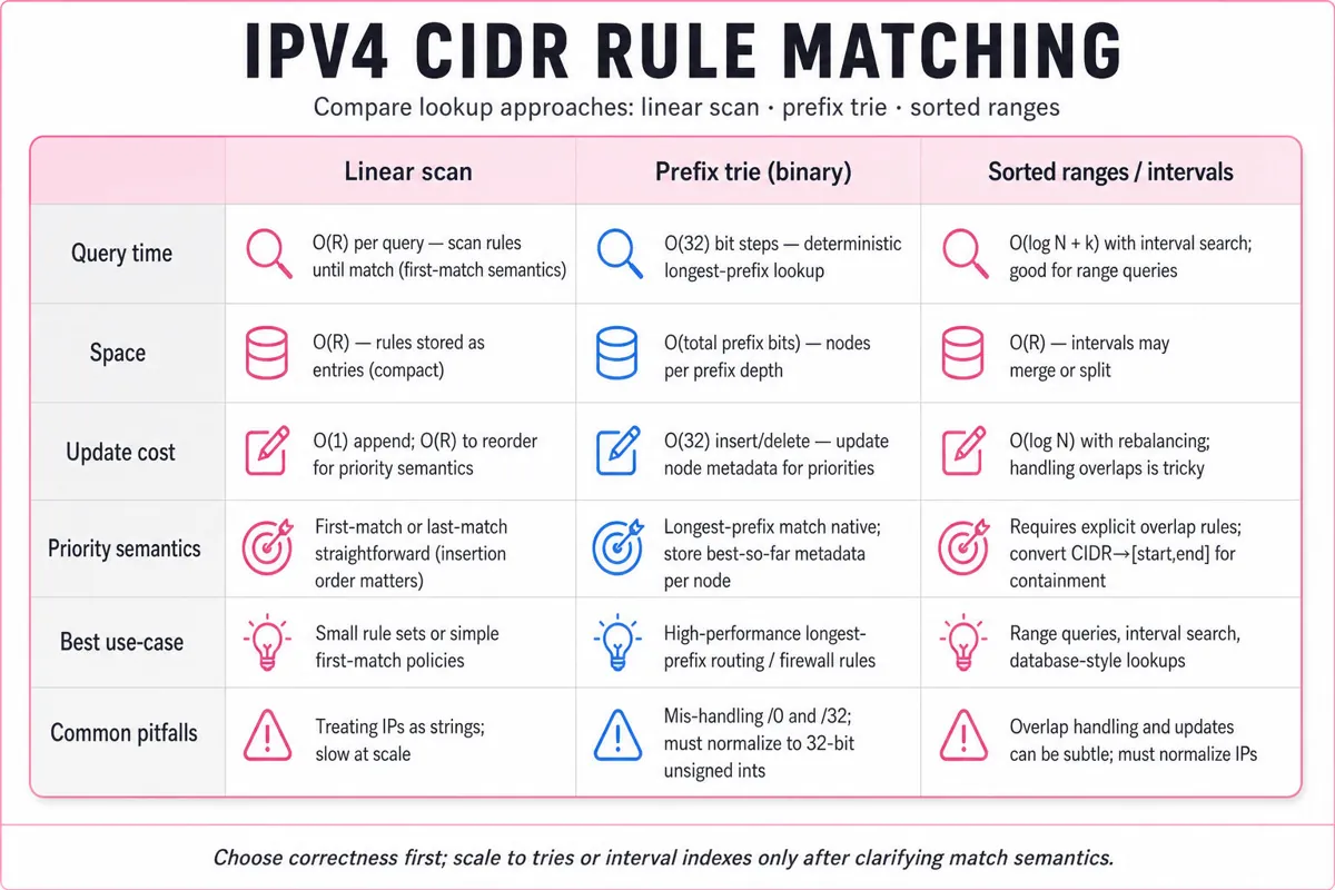 Three-column infographic comparing IPv4 CIDR rule-matching approaches (Linear scan, Prefix trie, Sorted ranges) across attributes: query time, space, updates, priority semantics, use-case, pitfalls.